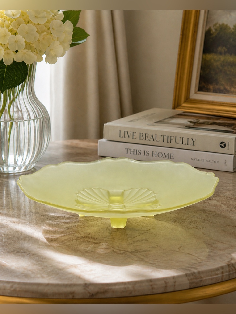 LANCASTER Glass Yellow Satin Footed Shallow Bowl Platter 10.5"  Art Deco #869